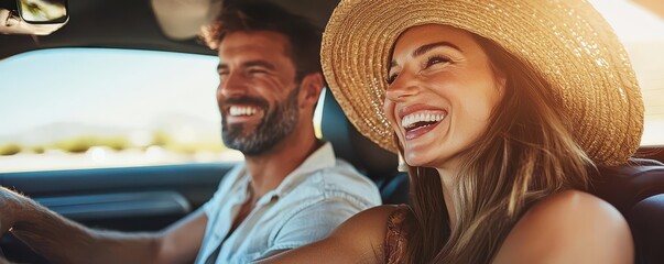 Smiling man and woman in their thirties enjoying a road trip together on a sunny day in their car.