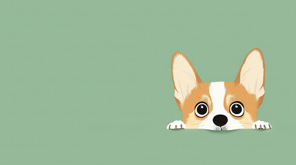 Wall Mural -   A dog, brown and white, peeks from the green edge with big eyes against a green backdrop