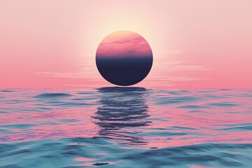 Minimalistic graphic design of oceanic scene with surreal landscape and abstract geometric elements at sunset