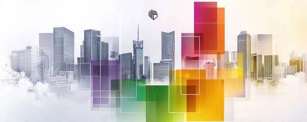 Poster - Abstract modern corporate presentation template with colorful geometric overlays and city skyline backdrop