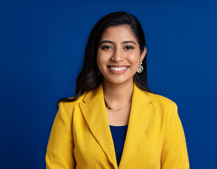 Studio Portrait of Beautiful Happy Young Woman Smiling Against Blue Studio Background Confidently