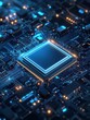 © jodoto - High-Tech Blue Glowing Microchip on Circuit Board with Advanced Electronics and Futuristic Data Flow