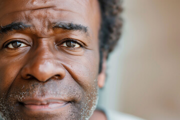 middle-aged black man with curly hair and a thoughtful expression. His skin is dark, and he has a slight beard. The background is softly blurred, emphasizing his face and eyes.