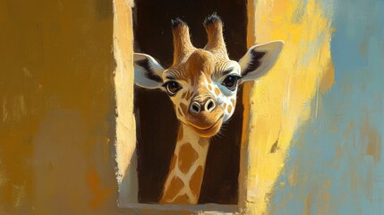 A giraffe peeks through a window with a curious and playful expression.