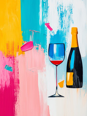 A vibrant abstract painting featuring a wine glass filled with red wine next to a champagne bottle. The background is a mix of bright colors