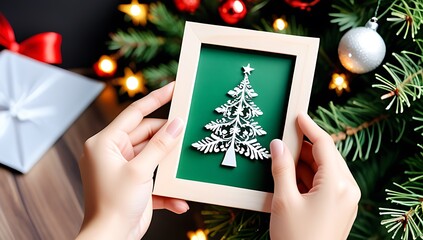 hand holds mockup photo frame christmas tree background suitable display sharing holiday message others