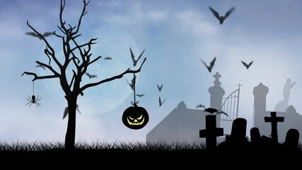 Wall Mural - jack o lantern on a tree with bats 4k loop features silhouettes of a dead tree with a jack o lantern