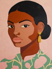 Wall Mural - The artwork features a poised woman with graceful features and striking earrings, radiating confidence and style against a pastel background