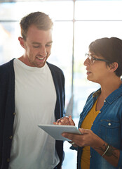 Poster - Man, woman and tablet at startup, office and insight for project with feedback, advice and smile for teamwork. Business people, partnership and digital touchscreen on app for plan at creative agency