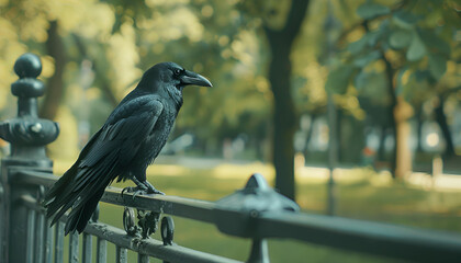 Closeup of Black crow relaxing on a metal fence in the park in summer day , looking around