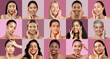 © Prostock-studio - A group of diverse women, each with unique features, smiles while engaging in skincare routines against a colorful background. Their radiant joy emphasizes self-care and beauty.