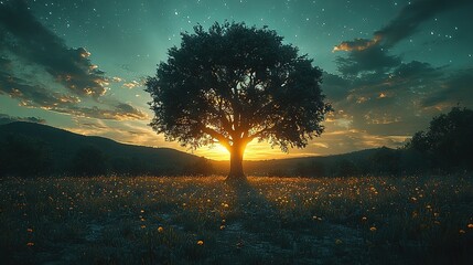 Wall Mural -   A tree stands in the center of a vast field, bathed by the setting sun's warm rays while above, the star-studded sky twinkles in silent serenity