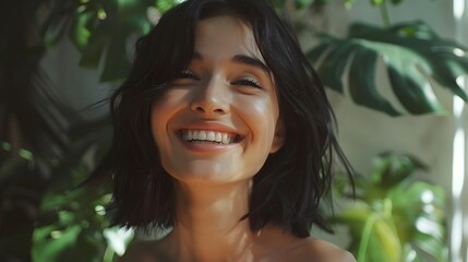 Joyful woman with black hair smiling into a camera