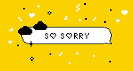 Poster - Sorry. Speech bubble with text So Sorry in pixel art. Apologize message, chat. Y2k sticker. Game abstract vector element. Modern shape for collage, poster. Retro trendy style background. Mood of 90's