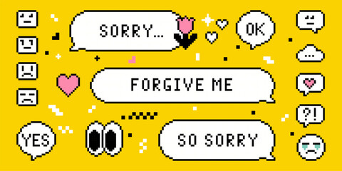 Poster - Sorry. Set of speech bubble with text in pixel art. Apologize messages, chats. Y2k sticker collection. Forgive me. Game abstract vector elements. Modern shape for collage, poster. Retro trendy style