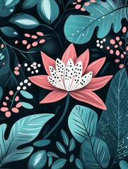 Wall Mural - A vibrant pink lotus flower stands prominently among lush green tropical leaves and small berries, showcasing bold artistic design