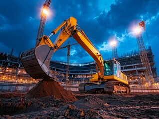 Excavator Working at Sports Stadium Construction Site