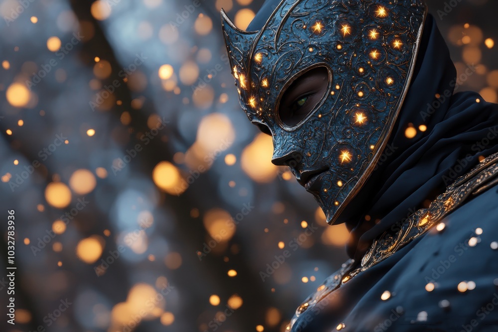 A mystic warrior stands amidst a flurry of glowing sparks, wearing an ...