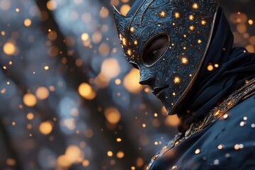 A mystic warrior stands amidst a flurry of glowing sparks, wearing an intricately designed mask that reflects ancient craftsmanship and mystique.