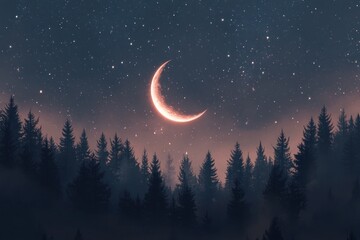 crescent moon glowing over a silhouetted forest at night