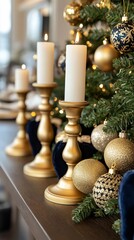 Poster - An opulent Christmas display with golden candlesticks, luxurious velvet stockings, and a beautifully lit tree adorned with shimmering ornaments, creating a glamorous and sophisticated holiday setting 