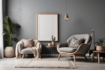 Scandinavian, Boho interior design of modern living room with accent armchair and big frame on grey wall. Lively decor highlights a simple, country style with modern elements.