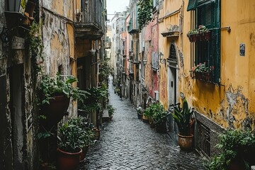  Narrow, cobblestone alleyway lined with weathered, yellow buildings and potted plants