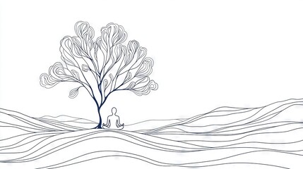 Wall Mural -   A monochrome illustration depicts a solitary individual reclining beneath a lone tree amidst an expansive field