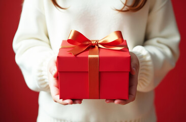 Wall Mural - Hands of woman in white sweater holding red gift box with golden ribbon on red background. Holiday gift giving concept.