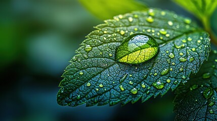 Sticker -   A clear close-up of a green leaf with water droplets, set against a blurred background