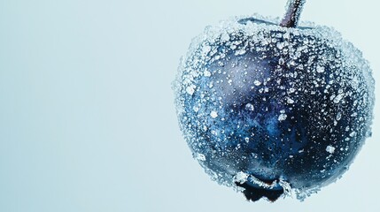 Canvas Print -   Close-up shot of a blue apple with white snow on its exterior and a clear blue sky visible behind it