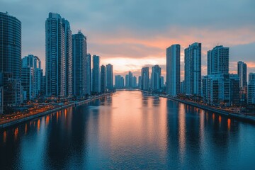 Cityscape at Dusk with Reflections in a Calm River