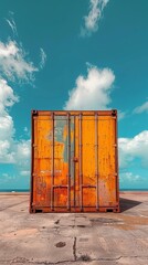 A rusty orange container sits on a concrete surface under a bright blue sky. Concept of industrial and urban scenery. For backgrounds or creative design inspiration.