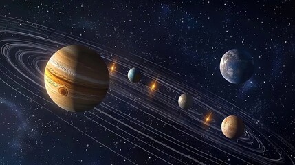 Sticker -   An artist's depiction of the solar system features eight planets prominently in the foreground, while the sun occupies the backdrop