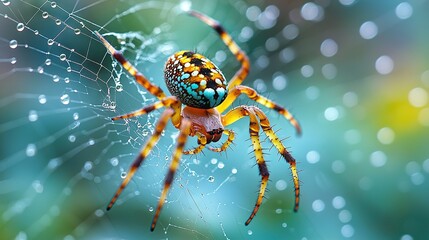   Spider on water-dropped web against blurry background