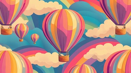 Wall Mural -   A group of colorful hot air balloons soar in the clear blue sky, surrounded by the vibrant hues of a rainbow-colored cloud