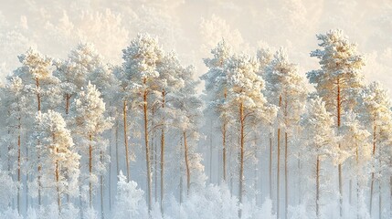 Poster -   Snow-covered forest with tall trees in the foreground and a misty sky in the backdrop