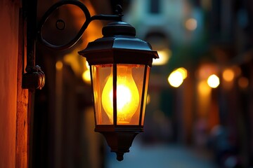 Wall Mural - A Single Illuminated Street Lamp Casts a Warm Glow on a Dark Alleyway