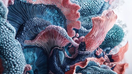 Poster -   A close-up of vibrant blue and pink corals resting on a white background, with water droplets adorning the coral's base