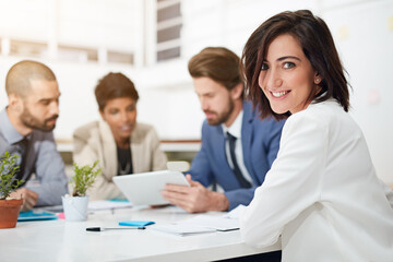 Wall Mural - Portrait, smile and woman in boardroom, confident and conversation for financial report and tablet. Collaboration, teamwork and people with paperwork, plan and together for project, actuary or Canada