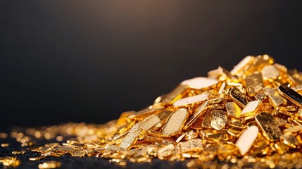 A shimmering pile of gold coins and jewelry sparkles against a dark background, symbolizing wealth and prosperity.