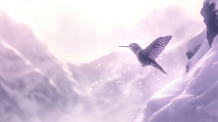 Poster -  A hummingbird soaring above a snow-capped mountain surrounded by snowfall