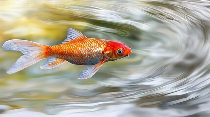 Poster -   Close-up of goldfish in clear water with blurred background of foliage