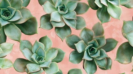 Poster -   A collection of succulents on a pink backdrop featuring green foliage