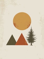 geometric shapes create a serene landscape with two mountains, a large sun above, and a lone conifer