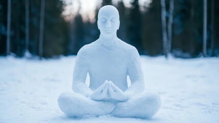 Sticker - Detailed snow sculpture of a person meditating, cross-legged with serene expression, in a tranquil winter forest, softly illuminated by the gentle glow of twilight 