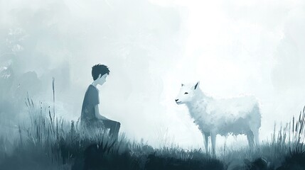 Canvas Print -   Boy & Wolf in Grass Field under Foggy Sky