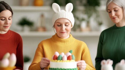 Wall Mural - Enabled woman decorating an Easter cake with pastel icing, surrounded by family members who are helping to set up for the Easter celebration, creating a warm and inclusive moment 