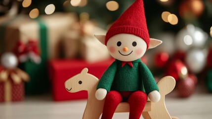 Wall Mural - Happy elf dressed in a bright red and green outfit, sitting on a wooden rocking horse, surrounded by colorful Christmas toys and decorations, ready for holiday fun 