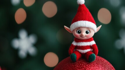 Canvas Print - Playful elf with big, bright eyes, sitting on top of a Christmas ornament, wearing a striped red and white scarf, with snowflakes gently falling around him 